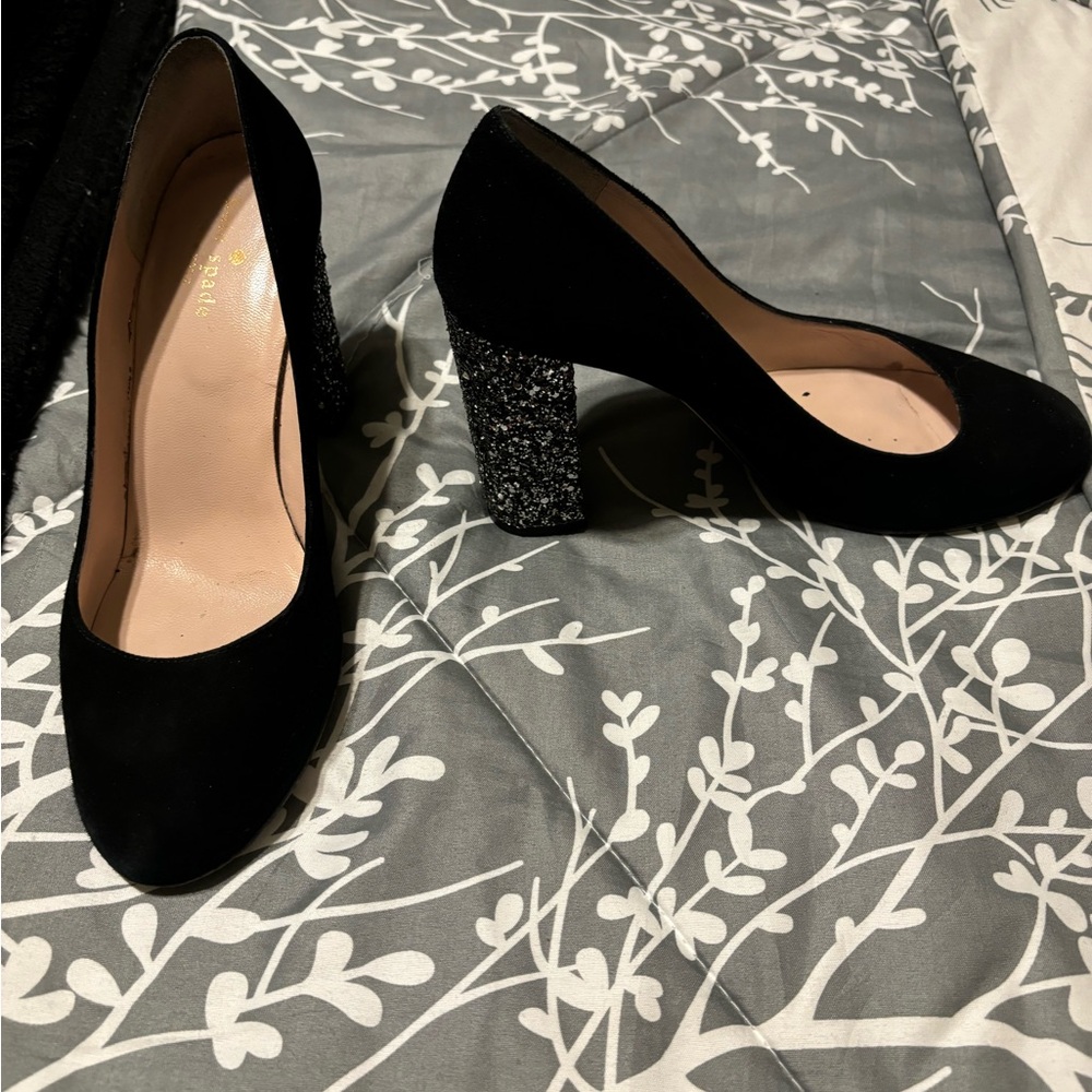 Kate Spade black suede heels with sparkle heel